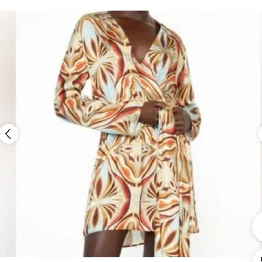 Zara Women’s Retro Printed V-neck Mini Dress With Wrap Belt Long Sleeve Size L - Picture 3 of 11